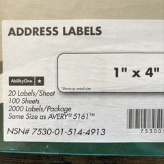 NEW 100 Sheets Skillcraft Address Labels 1″ x 4″, 2000 Qty Laser Inkjet Printer