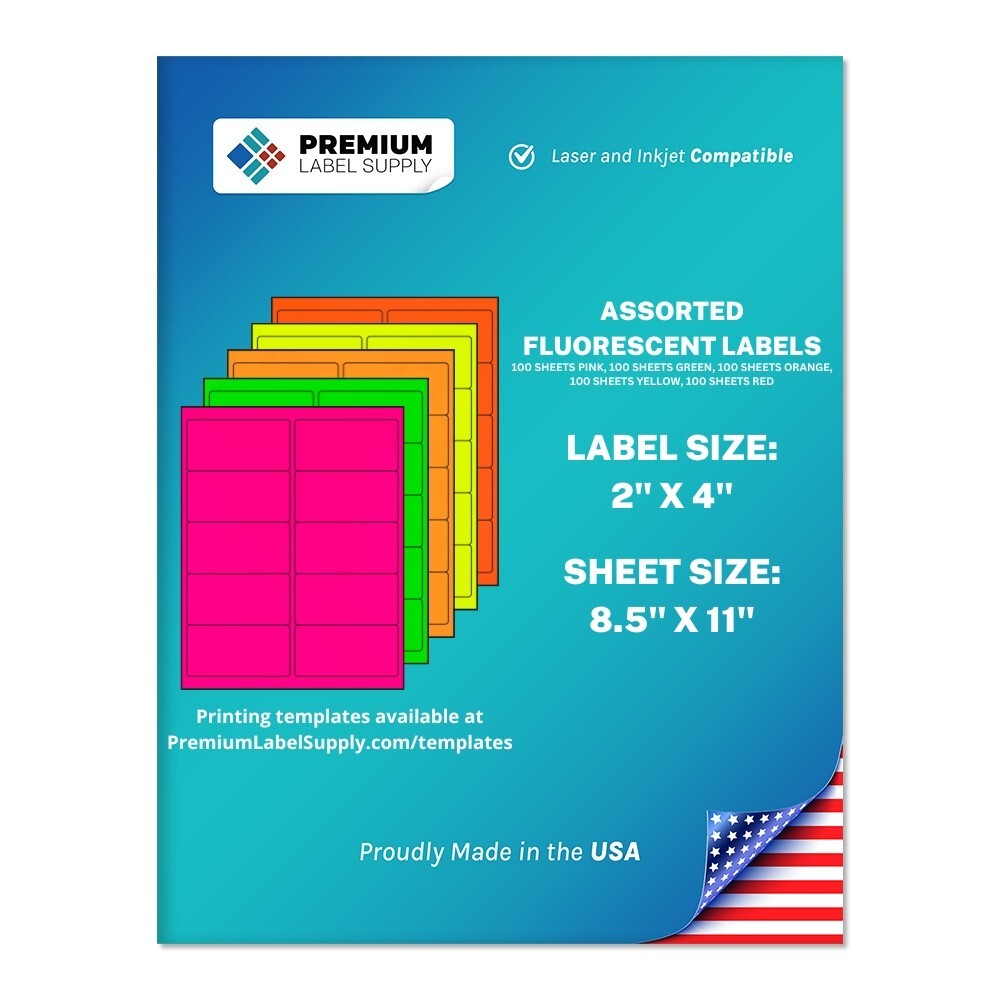 5000 Assorted Fluorescent Color 2″ x 4″ Neon Address Labels 10 per sheet