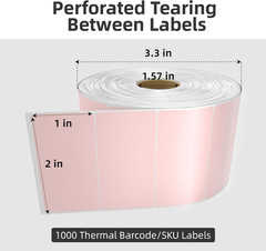 HUOJI 2X1 Thermal Labels, Roll of 1000 Pink Thermal Printer Labels for Shipping