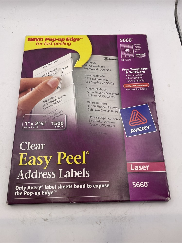 Avery Clear Easy Peel Address Labels Laser 1 x 2 5/8 1500/Box 5660 ext 20 sheets