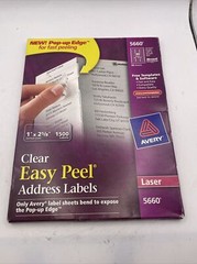 Avery Clear Easy Peel Address Labels Laser 1 x 2 5/8 1500/Box 5660 ext 20 sheets