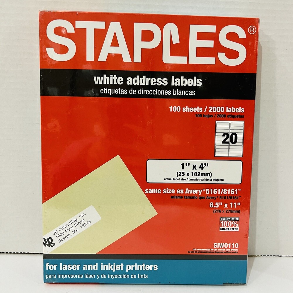 STAPLES WHITE ADDRESS LABELS 1″ x 4 100 SHEETS TOTALLING 2000