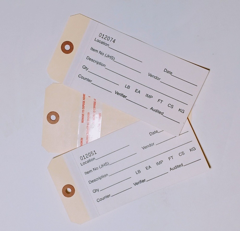 2-Part Stub style Inventory Cardstock CarbonlessTag (#8) W/ Adhesive Strip Paper