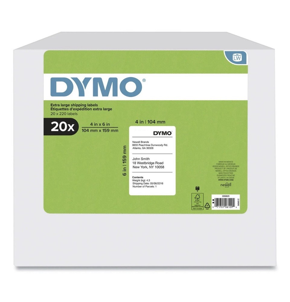 DYMO® LW Extra-Large Shipping Labels, 4 x 6, White, 220/Roll, 20 Rolls/Pack