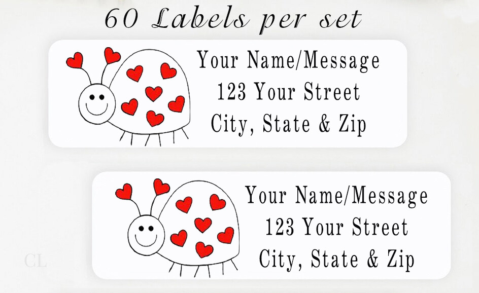 60 Personalized Return Address Labels 2/3″ x 1 3/4″ – Red Hearts Ladybug