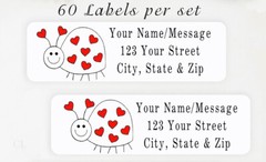 60 Personalized Return Address Labels 2/3″ x 1 3/4″ – Red Hearts Ladybug