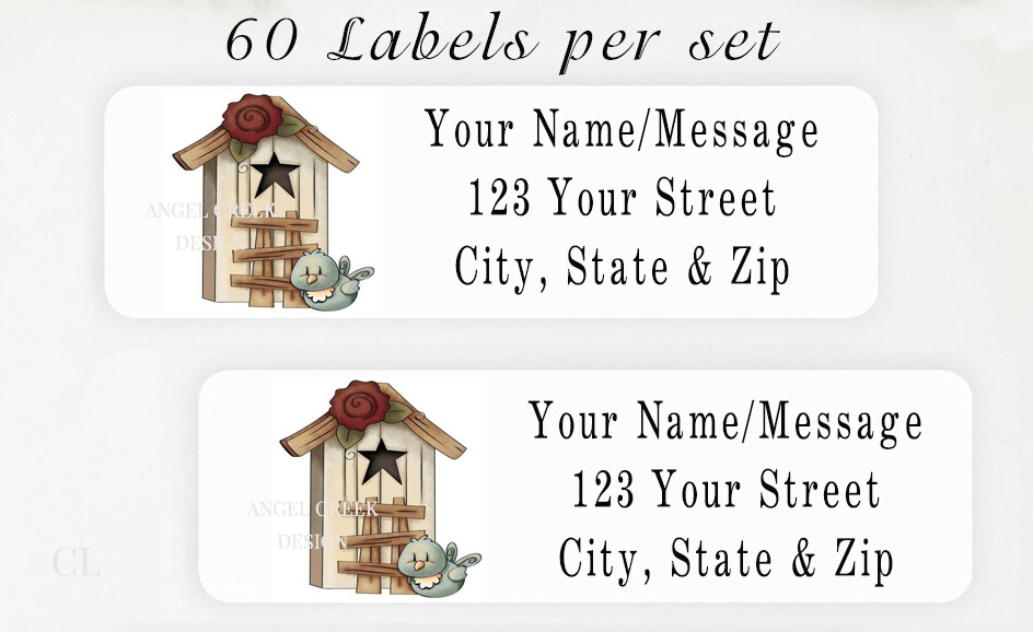 60 Personalized Return Address Labels 2/3″ x 1 3/4″- Primitive Country Birdhouse