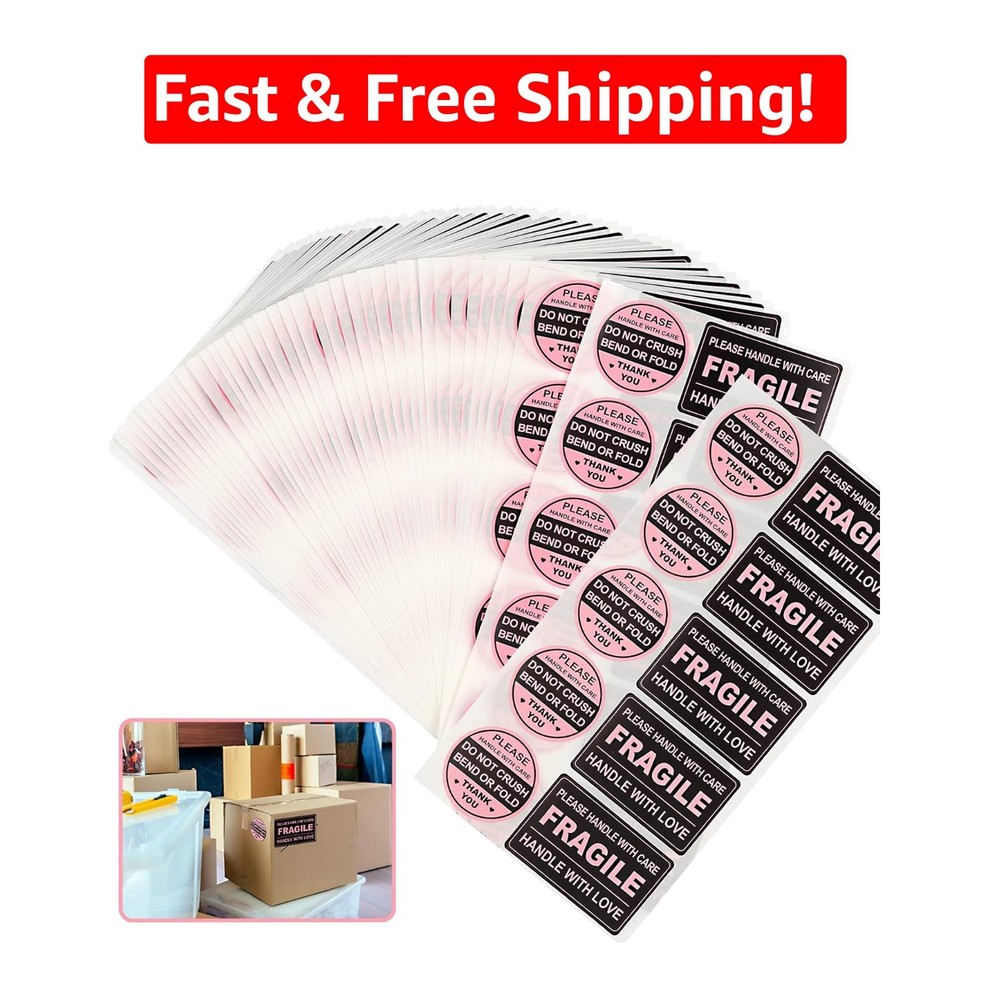 300 PCS Peel & Stick Adhesive Fragile Labels for Safe Shipping – Black Pink