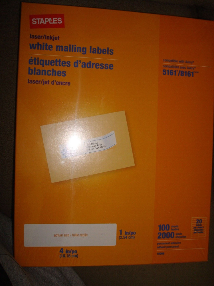 Staples White Mailing Labels Laser Printers 1 x 4Inch 100 Sheets 2000