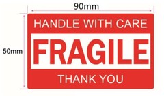 480 RED Glossy Sticker – FRAGILE HANDLE WITH CARE – 90x50mm SELF ADHESIVE LABEL