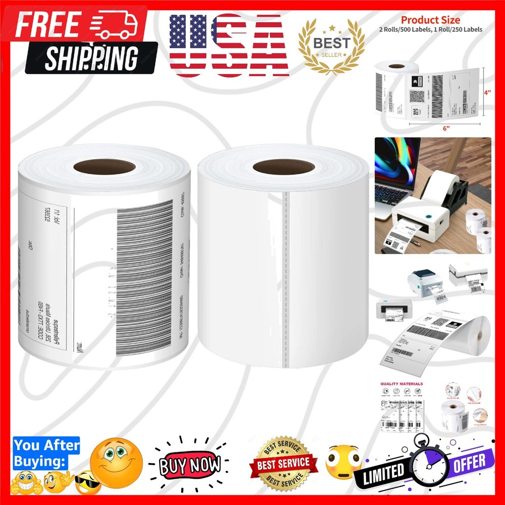Thermal Labels 4×6 Roll – 500 Direct Thermal Perforated Postage Shipping Labe…