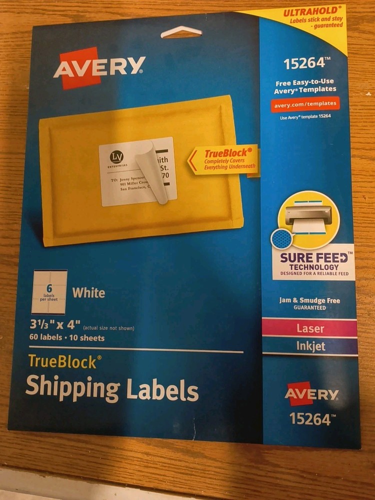 Five Avery shipping labels 3 1/3″ x 4″ 60 Labels 10 Sheets 15264