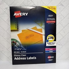 Avery 6521 Mailing Labels Address 1″x2-5/8″ 300/PK Glossy Clear New/Sealed