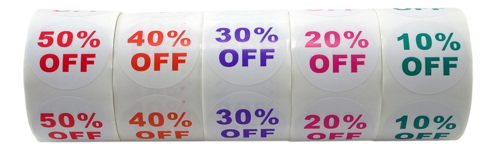 4 Sets (20 Rolls) of Discount Labels “10-50% OFF” (500 lbls/ea, 1.5″) BPA Free