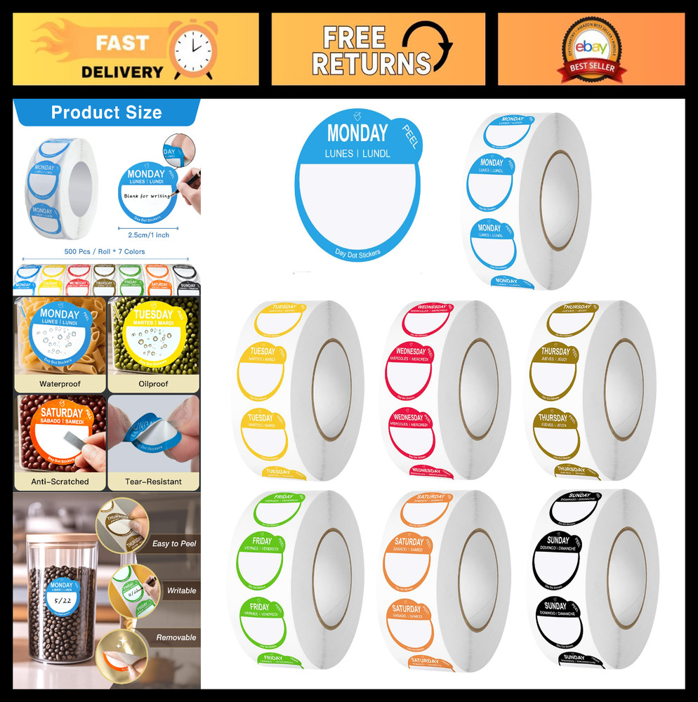 Removable Date Stickers for Food – 7000 Pcs 1″ Day Dots Labels for Kitchen & Res