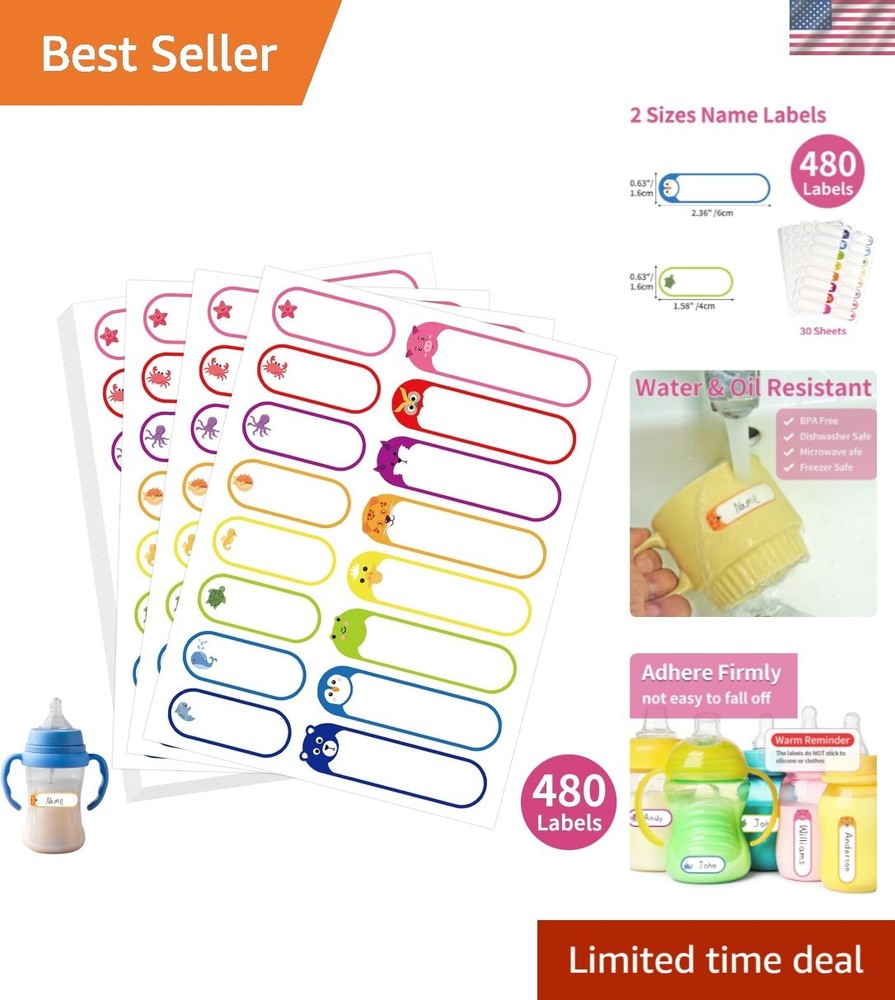 480 Pcs Labels for Kids Stuff Daycare, Waterproof Baby Name Label, Washable B…