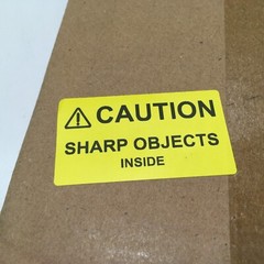 ⚠CAUTION SHARP OBJECTS INSIDE Warning Sticker Label Yellow 2.25″ L x 1.25″ H