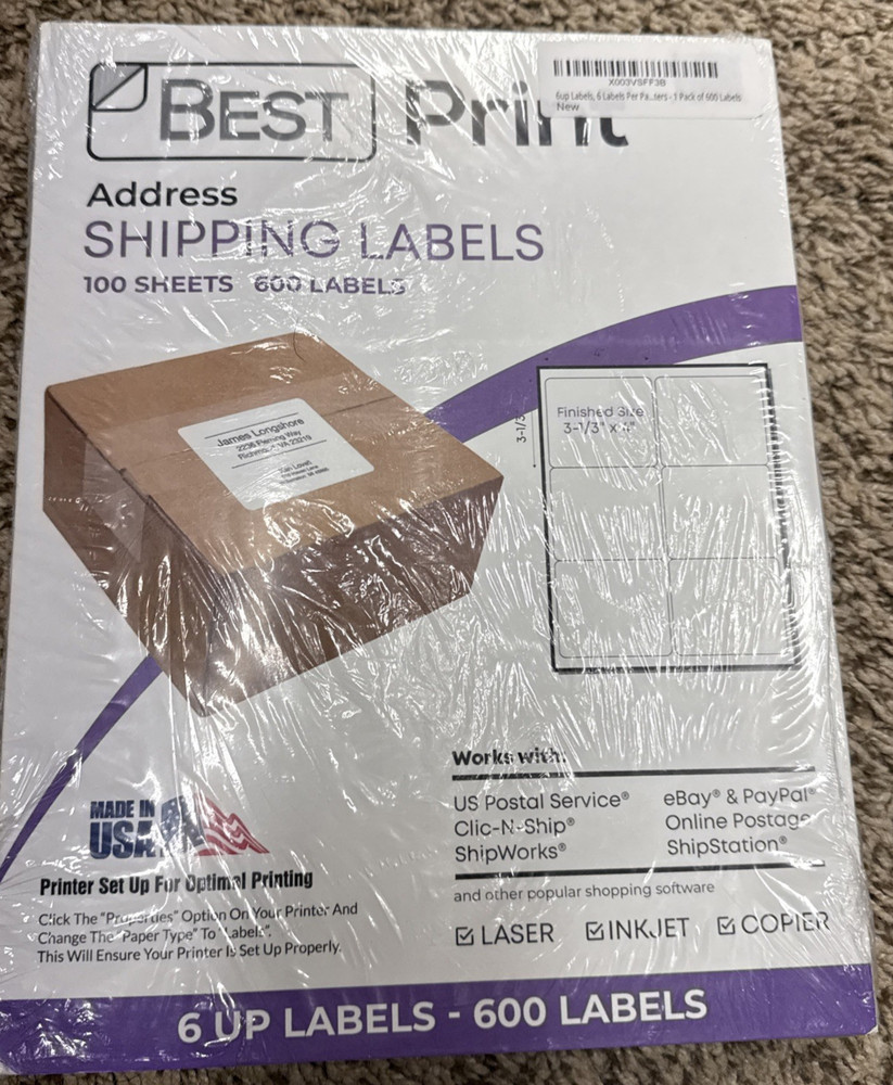 600 Address Shipping Labels 3 1/3″ x 4″ For Laser Inkjet 6-up 100 Sheets – NEW