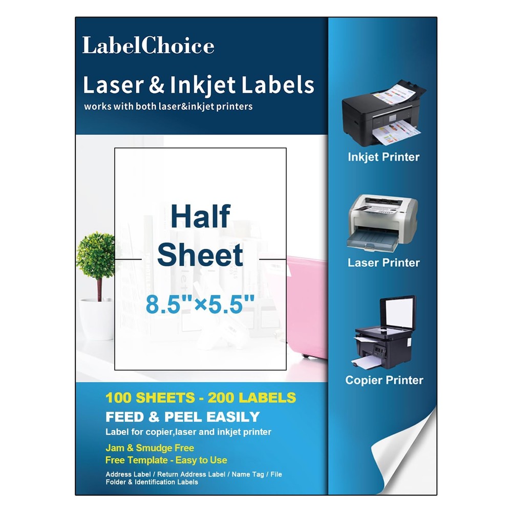 100 Half Sheet Self Adhesive Shipping Labels for Laser & Inkjet Printers 8.5″…