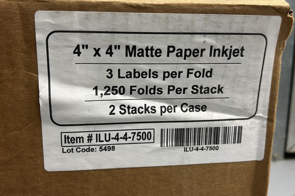 4” X 4” Labels: 2,500 Matte Paper Inkjet. 3 Labels Per Fold, 1,250 Folds Stack