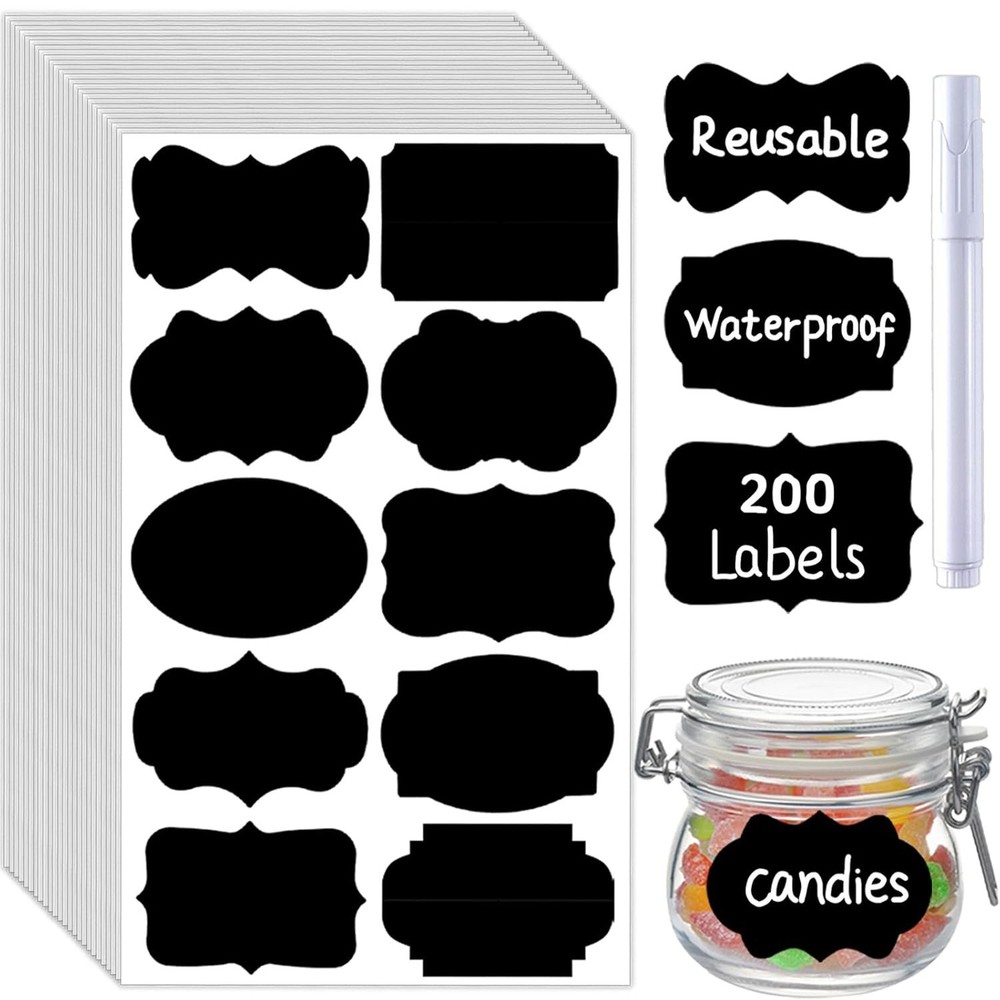Chalkboard Labels 200 PCS Reusable Waterproof Jar Stickers with Marker Kitchen S
