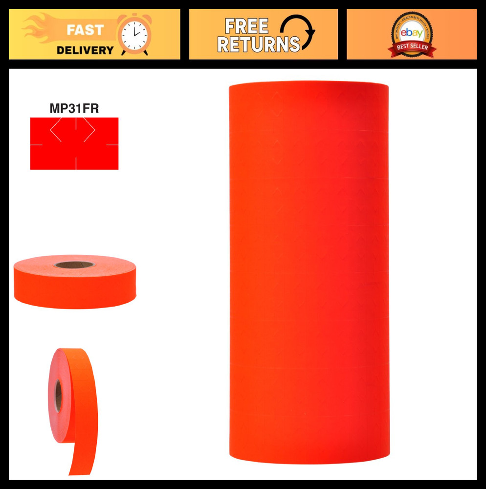 Fluorescent Red Pricing Labels for Monarch 1131 – 8 Rolls + Free Ink Roller