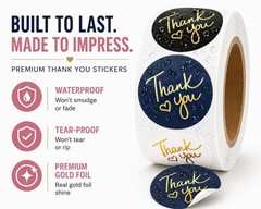 500 2 inch Thank You Stickers – Round Labels with Gold Foil Heart (Black,