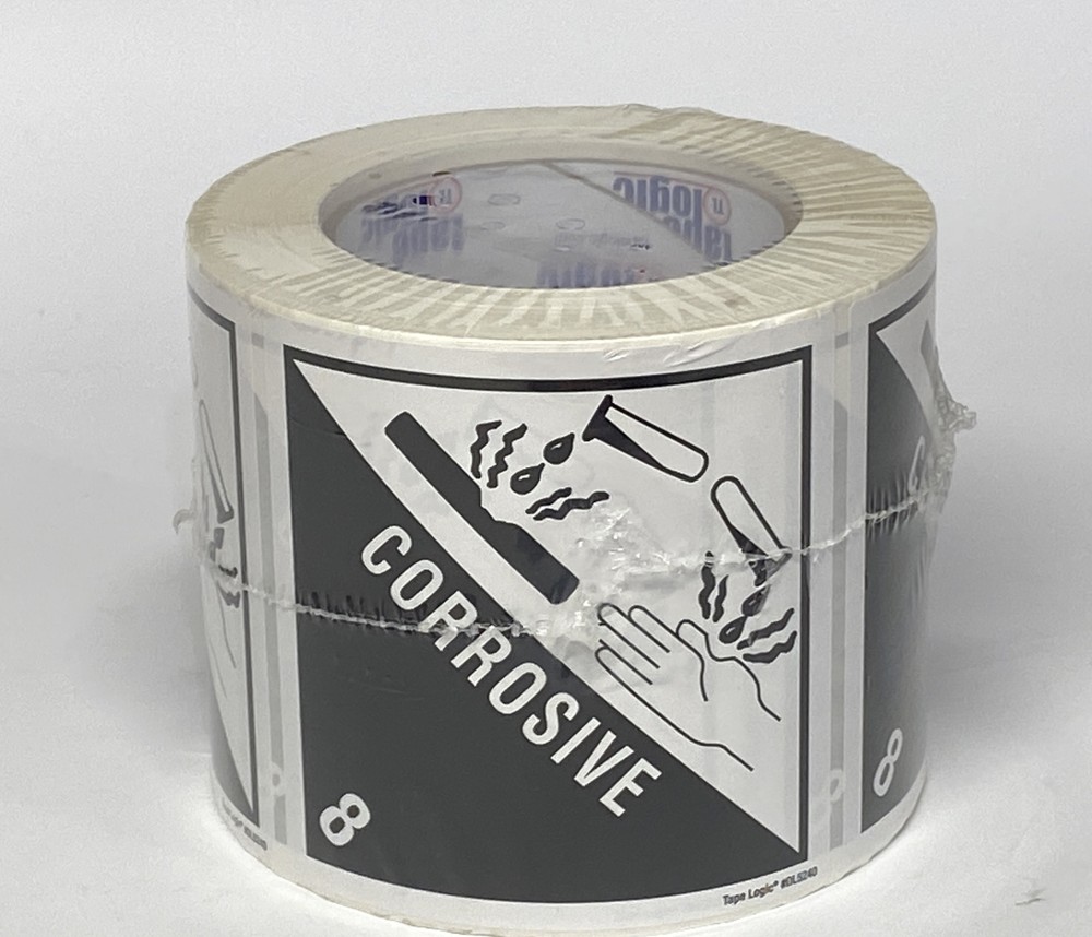 Tape Logic Labels, “Corrosive”, 4″ x 4, Black/White, 500/Roll #DL5240 New
