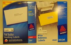 White Mailing Labels 1” x 2 5/8” Avery 5260 Laser/Avery 8160 Inkjet-Open Boxes