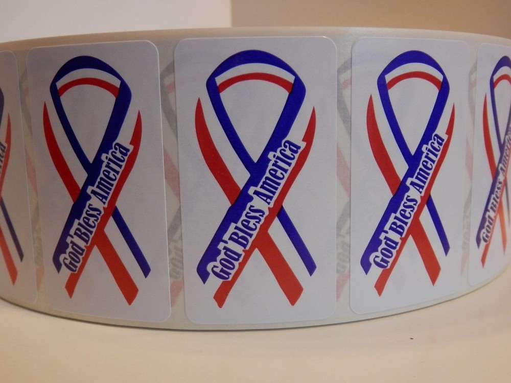 GOD BLESS AMERICA USA red white and blue 2.5×1.375 sticker label 250/rl