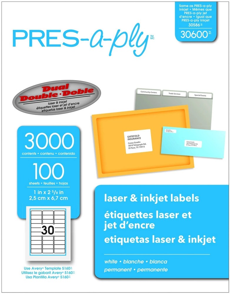 Lot of 5 – Pres-A-Ply Laser Address Labels 1 x 2-5/8, White 3000/Box 15000 Total