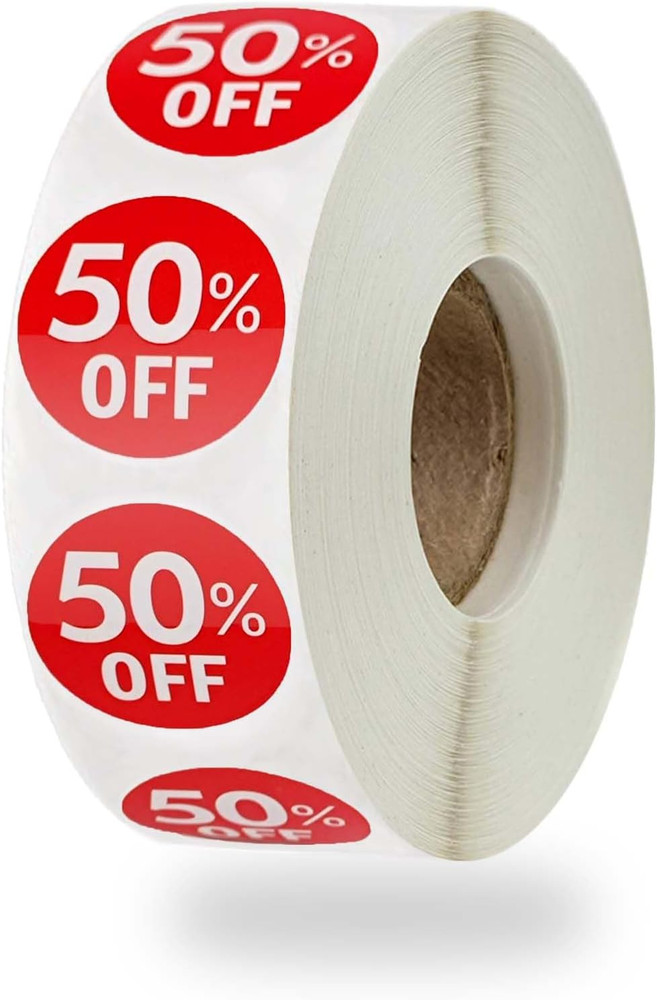 1000 Stickers, Discount Percent Off, 1 Inch Round, Promotion Labels (50 Off Red)
