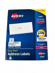 Avery 5160 Easy Peel White Address Labels 1” x 2-5/8” 3000 Labels 100 Sheets