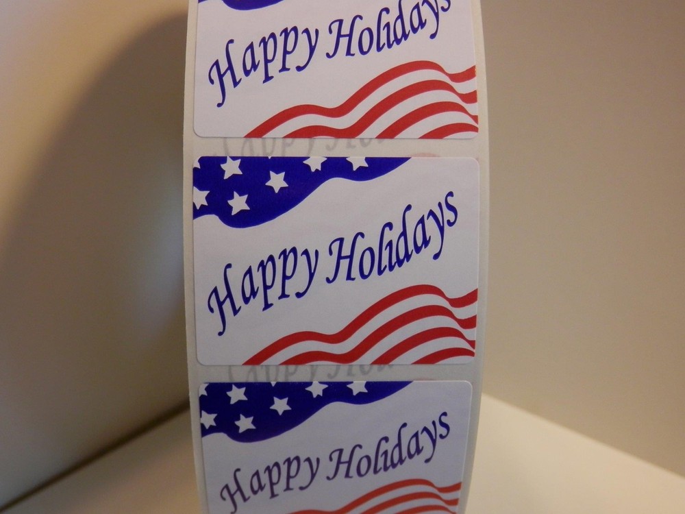 HAPPY HOLIDAYS red white and blue 1.85×1.375 sticker label 250/rl