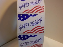 HAPPY HOLIDAYS red white and blue 1.85×1.375 sticker label 250/rl
