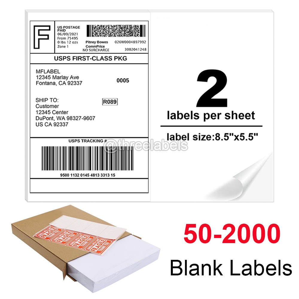 Premium 50 – 2000 Half Sheet Shipping Labels 8.5×5.5 Self Adhesive Blank Labels