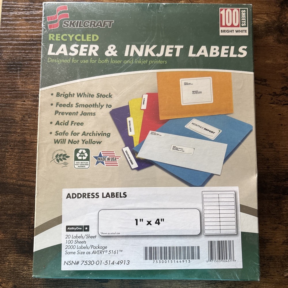 NEW 100 Sheets Skillcraft Address Labels 1″ x 4″, 2000 Qty Laser Inkjet Printer