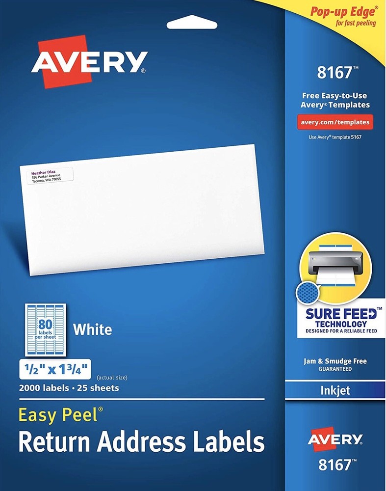 New Box of 2000 Avery 8167/5167/5267 Return Address Shipping Labels 1/2″x 1 3/4″