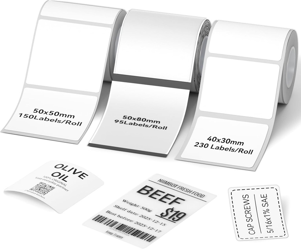 NIIMBOT 3 Rolls Labels, 40x30mm White/ 50x80mm Clear/ 50x50mm White, Compatible