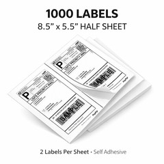 1000 Half Sheet Shipping Labels 8.5×5.5 Self Adhesive 2 Per Sheet Inkjet Laser