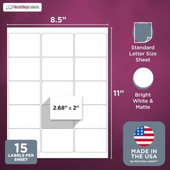 8-1/2 x 11 Laser/Ink Jet White Labels, 2″-11/16 x 2 – 15 per Page | 15000 Labels