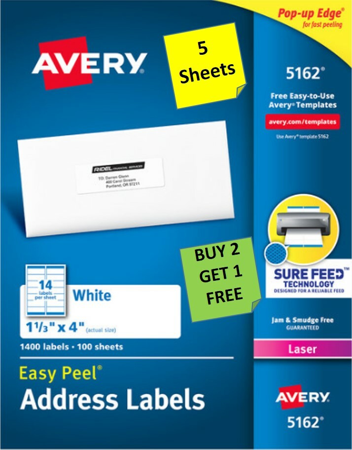[5 Sheets] Avery 5962/5162 White Address Labels 1-1/3 x 4″ LASER B2G1