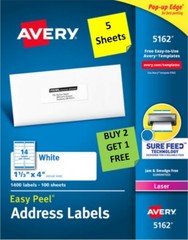 [5 Sheets] Avery 5962/5162 White Address Labels 1-1/3 x 4″ LASER B2G1