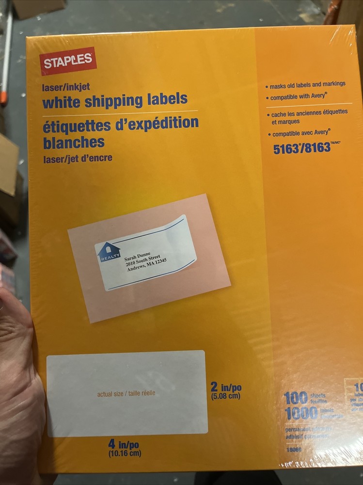 Staples Laser/Inkjet Shipping Labels 2″ x 4″ White 10 Labels/Sheet, 100 Sheets.