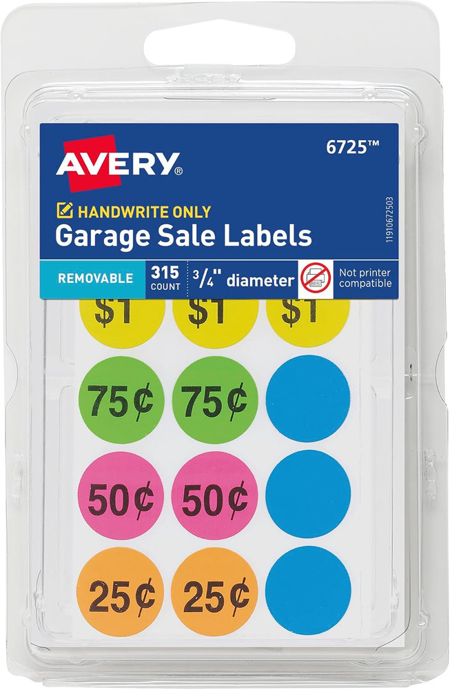 Garage Sale Removable Labels, 3/4 Inch round Labels, Assorted Colors
