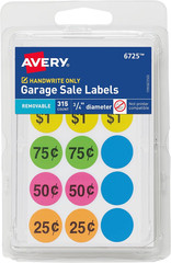 Garage Sale Removable Labels, 3/4 Inch round Labels, Assorted Colors