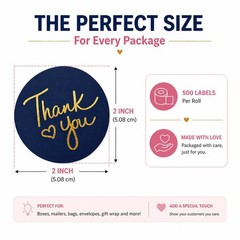 500 2 inch Thank You Stickers – Round Labels with Gold Foil Heart (Black,