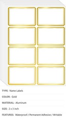 Name Labels, 200 Pack, 2″ x 3″, Waterproof, Gold Border, Permanent Adhesive