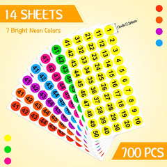 700 Pcs Consecutive Number Stickers 1-100 round Colored Labels 1 Inch Self Adhes