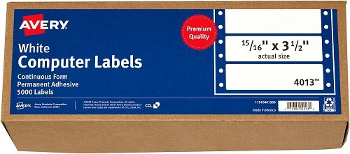 Continuous Form Computer Labels for Pin-Fed Printers 3.5×15/16in White 5000/BX
